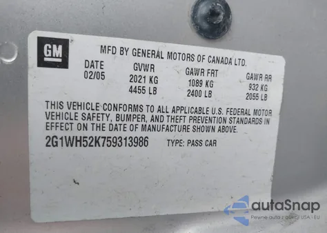 2005 Chevrolet Impala Ls z USA, uszkodzony, nr VIN 2G1WH52K759313986